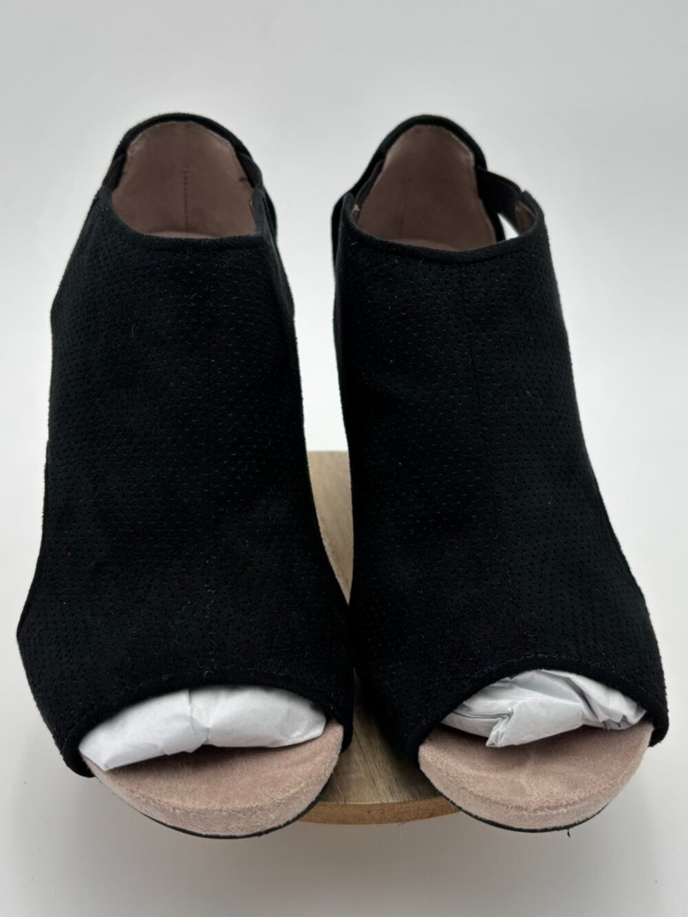 LifeStride Hinx Black Micro Suede Perforated Open Toe Wedge Booties Shoes 9W